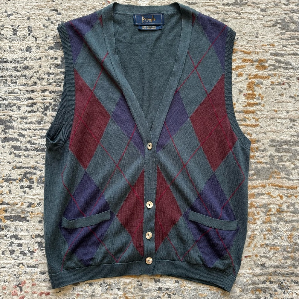 Pringle of Scotland Sleeveless Cardigan Diamond Knit Green Lambswool Women’s S